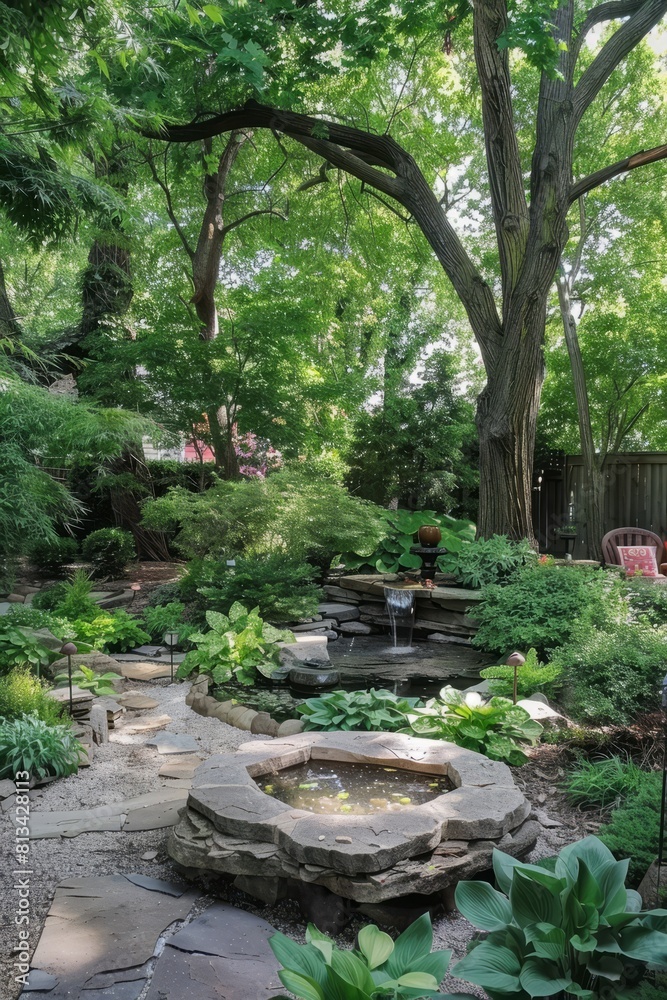 A serene backyard meditation garden with zen rock formations, a bubbling fountain, and lush greenery, offering a tranquil space, Generative AI