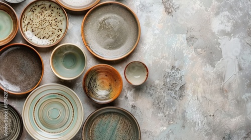 handmade ceramics, top view of empty craft ceramic bowls and plates on a light background