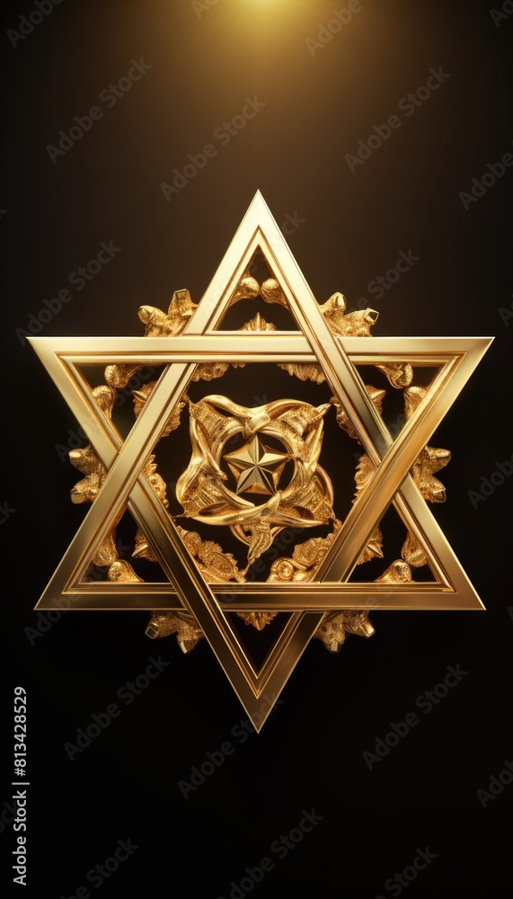 Golden Floral Triangle Emblem on Black Background Golden Floral Triangle Emblem on Black Background