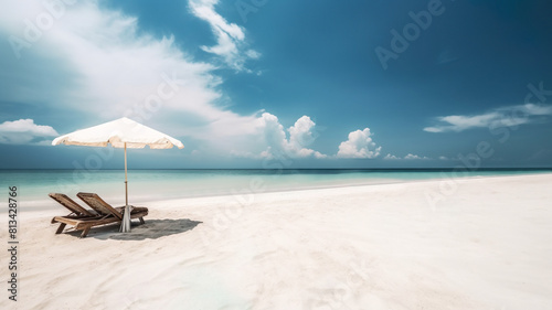 Amazing White Sand Beach Panorama Landscape With Longer Chairs And Umbrella As Travel Tourism Concept  - Generative AI
