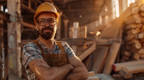A man wearing a hard hat and glasses  ready for work on a construction site. He is focused and prepared for his tasks  showcasing safety and professionalism in his attire.