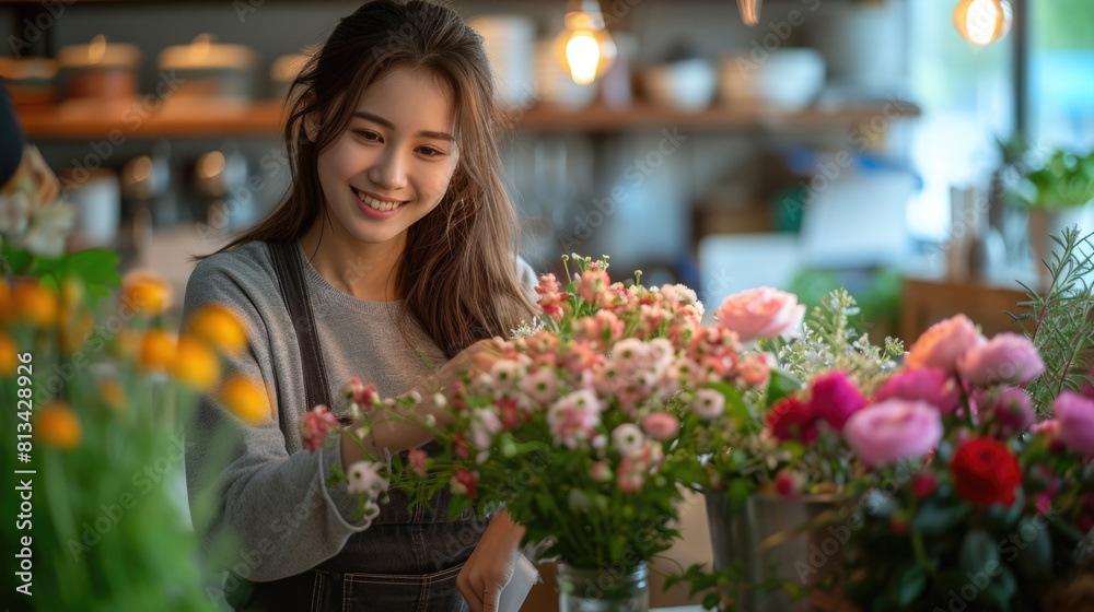 Radiant Asian Florist With Fresh Bouquet in Flower Shop