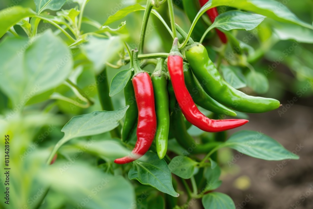 Fresh Red and Green Chili Peppers Growing in a Garden Fresh Red and Green Chili Peppers Growing in a Garden