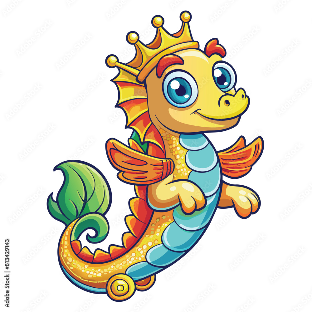 Obraz premium Cute seahorse king swimming cartoon vector icon illustration animal holiday isolated flat vector