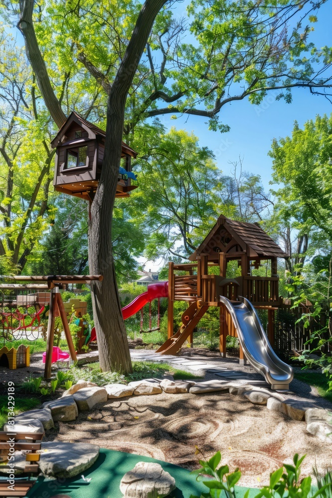 Obraz premium A whimsical backyard play area with a treehouse, swing set, and sandbox, providing endless hours of imaginative play for children, Generative AI