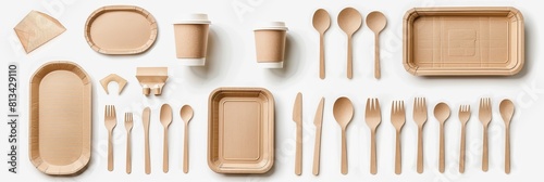 Isolated on a white background, a set of different cardboard or craft paper take-out food containers includes an eco-friendly disposable plate, cups, and cutlery. Concept of recycling photo