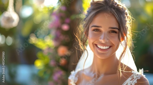 Radiant Bride Holding Bouquet Smiles on Her Wedding Day