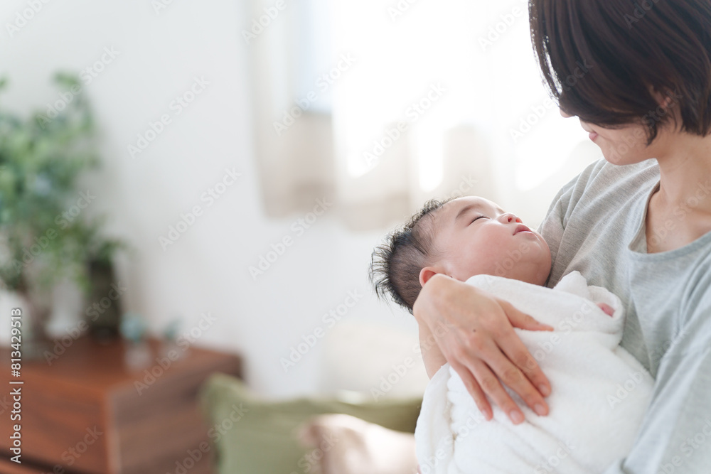 0歳の赤ちゃんを抱っこするママ 0歳の赤ちゃんを抱っこするママ