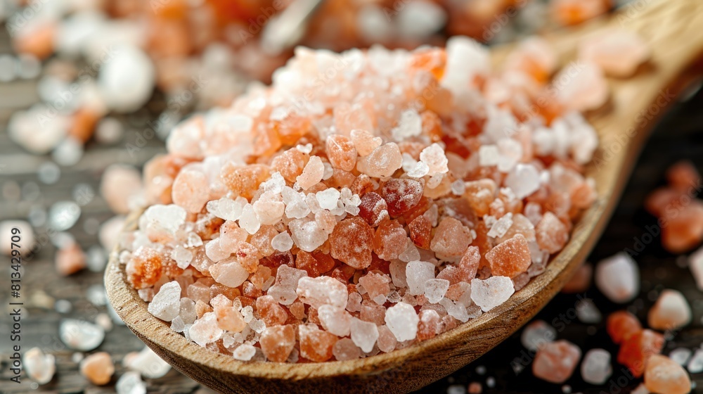 Macro shot of pink Himalayan salt crystals on a wooden spoon. Close-up food photography. Macro shot of pink Himalayan salt crystals on a wooden spoon. Close-up food photography.