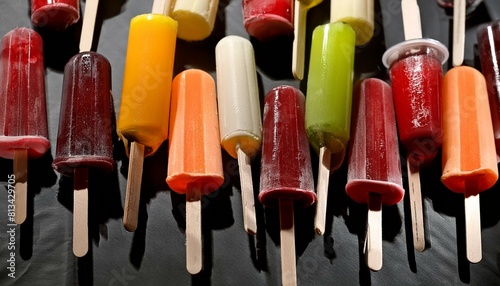 Fresh fruit popsicles pattern. Background with popsicles. Cold ice cream on black background. photo