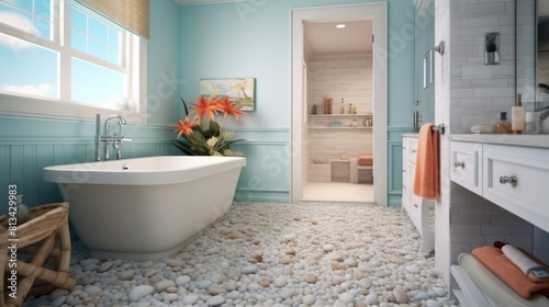 Generative AI A coastal-themed bathroom with beachy colors  seashell decor  and a pebble tile floor.