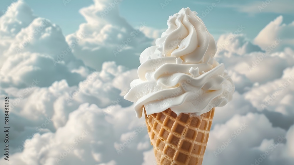 Heavenly Delightful Whipped Cream Topped Ice Cream Cone Against Fluffy White Cloud Backdrop Heavenly Delightful Whipped Cream Topped Ice Cream Cone Against Fluffy White Cloud Backdrop