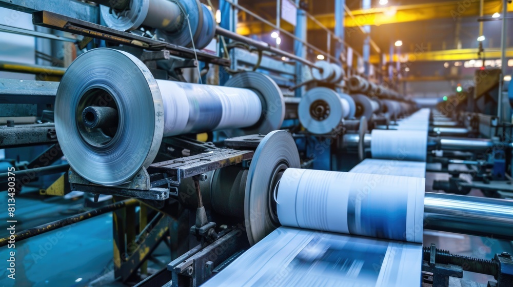 Industrial printing press machinery at work in a factory setting. Industrial printing press machinery at work in a factory setting.