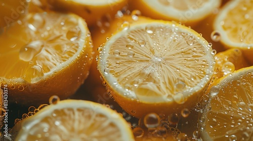 Close-up of fresh lemon slices with water droplets.