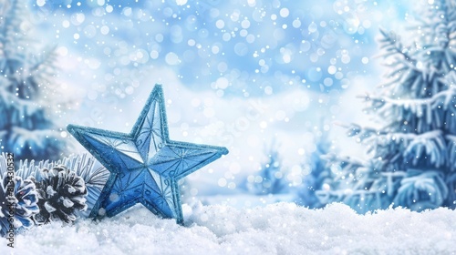 Blue Christmas star decoration with pine cones in snow.