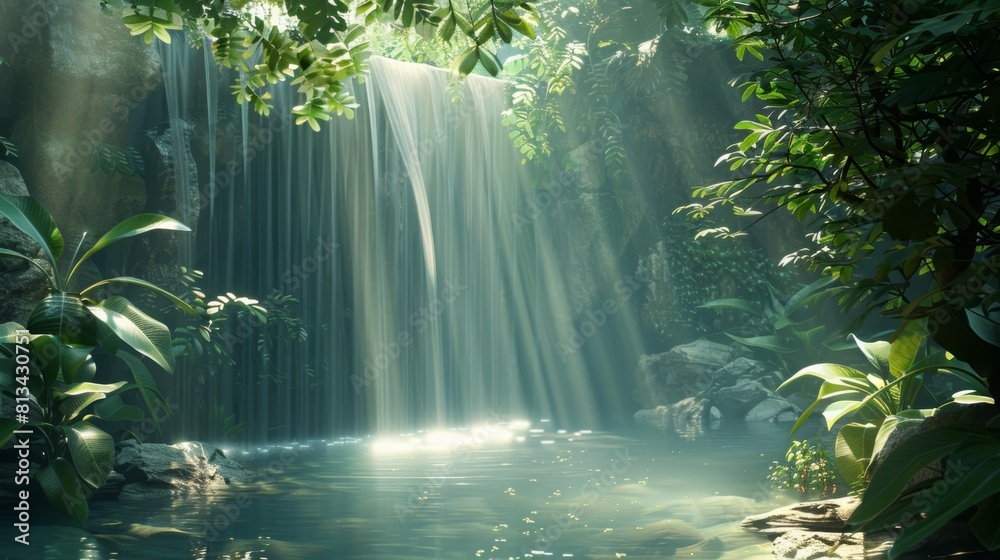 The photo shows a beautiful waterfall in a lush green jungle. The water is crystal clear. The sun is shining through the trees, creating a magical atmosphere. The photo shows a beautiful waterfall in a lush green jungle. The water is crystal clear. The sun is shining through the trees, creating a magical atmosphere.