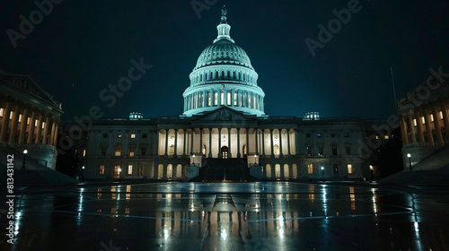 image of the United States Capitol building illuminated at night, with the dome shining brightly against the darkness, symbolizing democracy, governance, and the ideals of the nation.