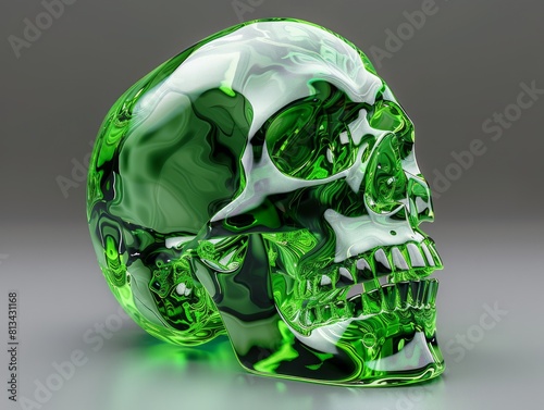 A green glass skull on a grey surface.