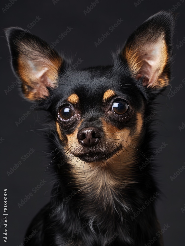 A small black and tan chihuahu dog is looking at the camera. A small black and tan chihuahu dog is looking at the camera.