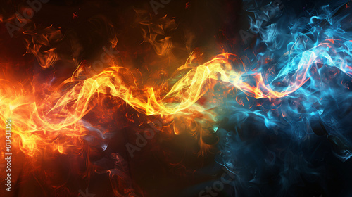 Abstract fiery and icy energy waves, intertwining, dynamic, vibrant colors, contrasting elements, digital art, visual impact. 