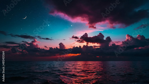 moon dark lilac night dramatic sky on sunset nebula pink sea water reflection sunlight evening summer seascape landscape
