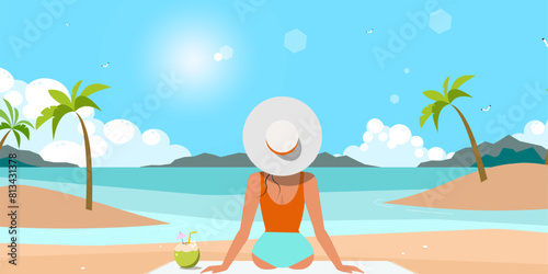 Summer vector design. Vertical social media summer. woman sit on sand beach background with tropical season elements for relax holiday outdoor collection. Vector illustration.