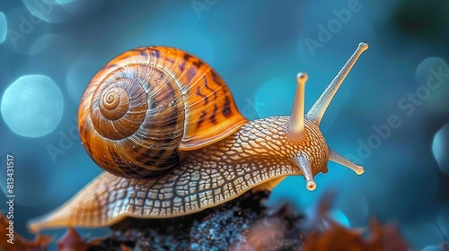 A snail is crawling on a leaf. photo
