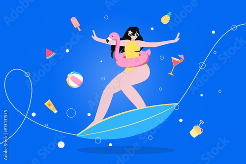 Summer vector design. woman surfing on surfboard. in sea or ocean. Bundle of happy surfers in beachwear with surfboards for relax holiday outdoor collection. Vector illustration.