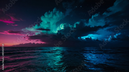 moon dark lilac night dramatic sky on sunset nebula pink sea water reflection sunlight evening summer seascape landscape 