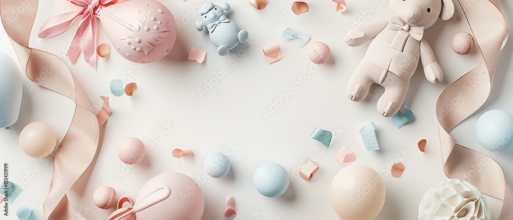 Baby shower invitation card mockup surrounded by baby toys and soft pastel ribbons, perfect for charming and whimsical designs.