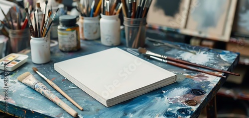 Blank art book mockup on an artist s worktable, next to paintbrushes and unfinished sketches, capturing a creative workspace.