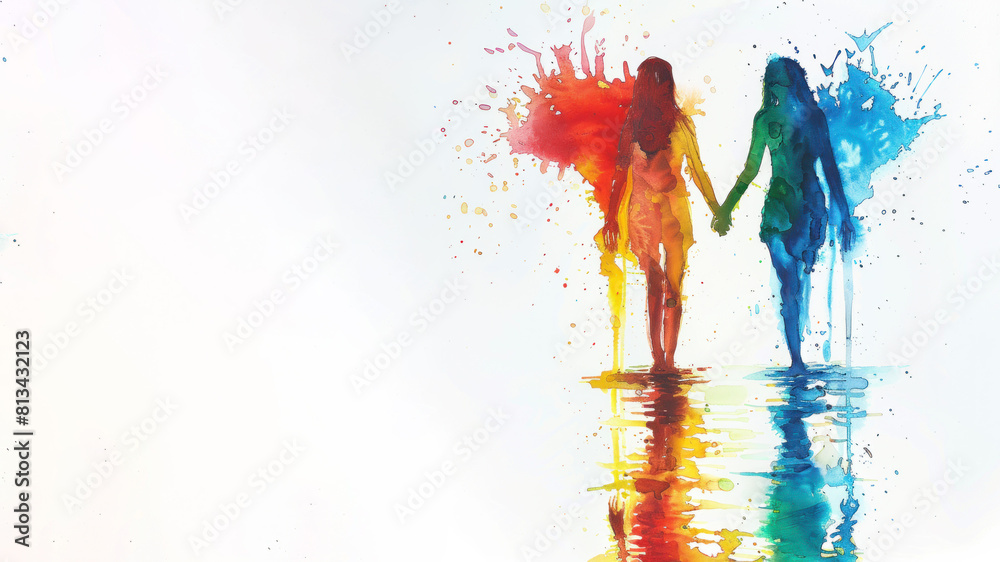 Fototapeta premium Rainbow watercolor of 2 women holding hands for pride equality celebration