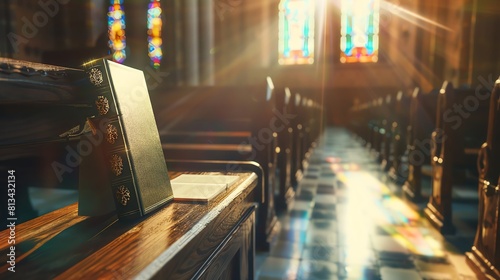 Blank devotional book mockup in a sunlit chapel pew, with stained glass reflections and a prayer book stand, suggesting a spiritual sanctuary. photo