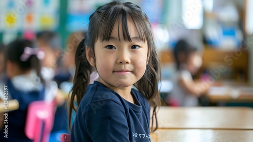 教室で微笑む日本の女子小学生