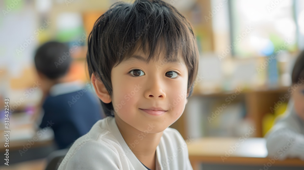 教室で微笑む日本の男子小学生 教室で微笑む日本の男子小学生