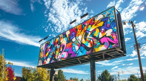 Artistic and colorful roadside billboard featuring a graffiti-style design, located in a trendy neighborhood Bright colors and abstract patterns, perfect for promoting music festiv photo