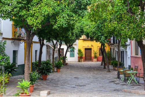 cozy street in a old town in Seville, Spain. Popular tourist area Barrio de Santa Cruz