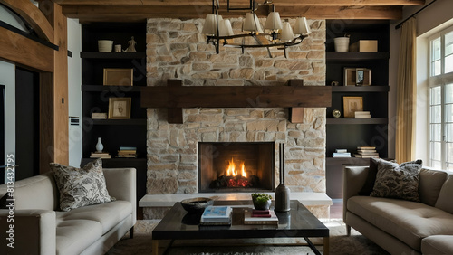 living room with fireplace photo