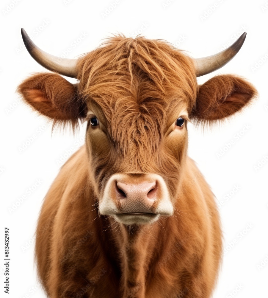 A brown cow with horns looking at the camera. A brown cow with horns looking at the camera.