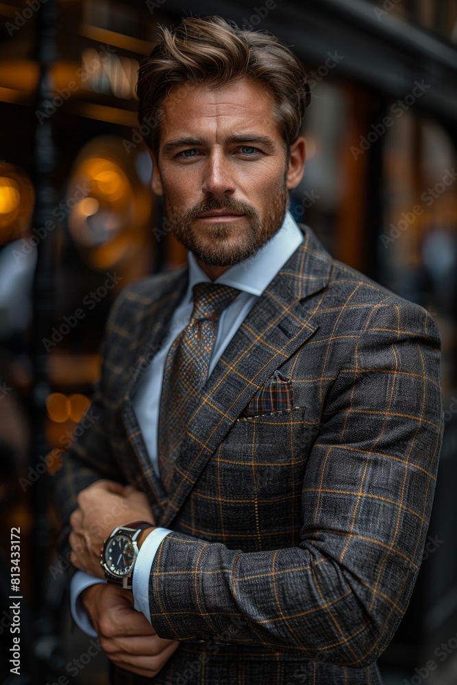 A boss in a checked suit, exuding confidence and elegance, wearing a stylish wristwatch. A boss in a checked suit, exuding confidence and elegance, wearing a stylish wristwatch.