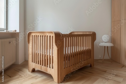 A wooden crib in a room with wood floors.