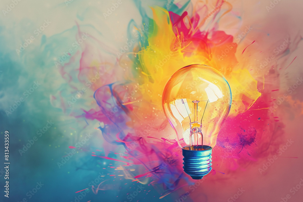 a colorful glowing idea bulb lamp banner, visualization of brainstorming, bright idea and creative thinking, copy space a colorful glowing idea bulb lamp banner, visualization of brainstorming, bright idea and creative thinking, copy space