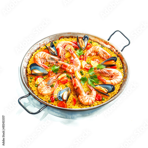 Watercolor illustration of Spanish food, paella with lots of seafood, on white background.