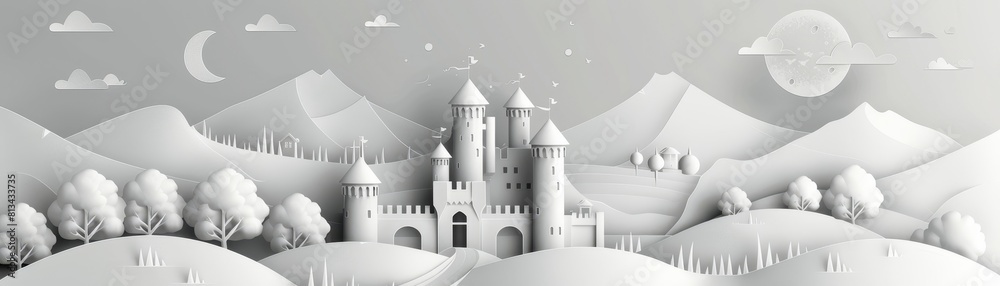 Panoramic view of a mystical castle under the moon in a papercut landscape