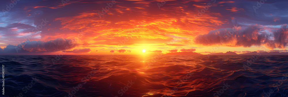 Mesmerizing Sunset over Tranquil Ocean with Silhouette of Mountain Peaks in the Distance