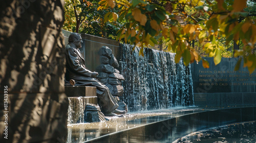 Franklin Delano Roosevelt Memorial in Washington, D.C., featuring a statue of FDR surrounded by waterfalls and quotes engraved in stone, commemorating his legacy as a transformative leader during  photo