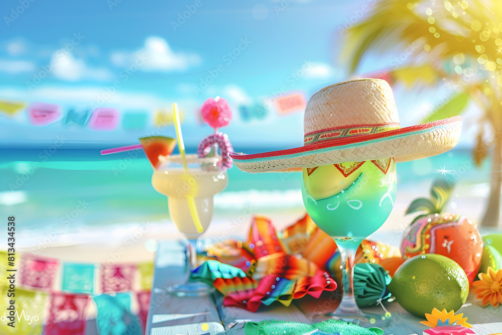 Cinco de Mayo, Mexican colorful summer fiesta party, sombrero hat, maracas margarita cocktail,table colorful Mexican decorations. With the exotic beach 