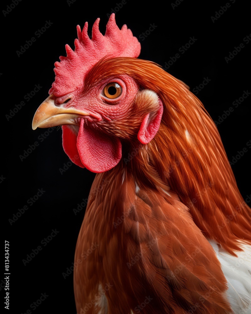 A chicken with a red comb and white feathers.