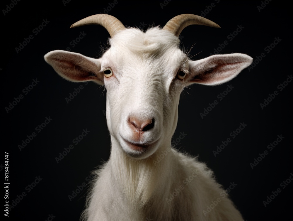 A white goat with horns is looking at the camera.