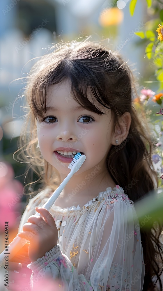 Cheerful Girl Brushing Teeth at Sunrise in Bright Home Setting Cheerful Girl Brushing Teeth at Sunrise in Bright Home Setting
